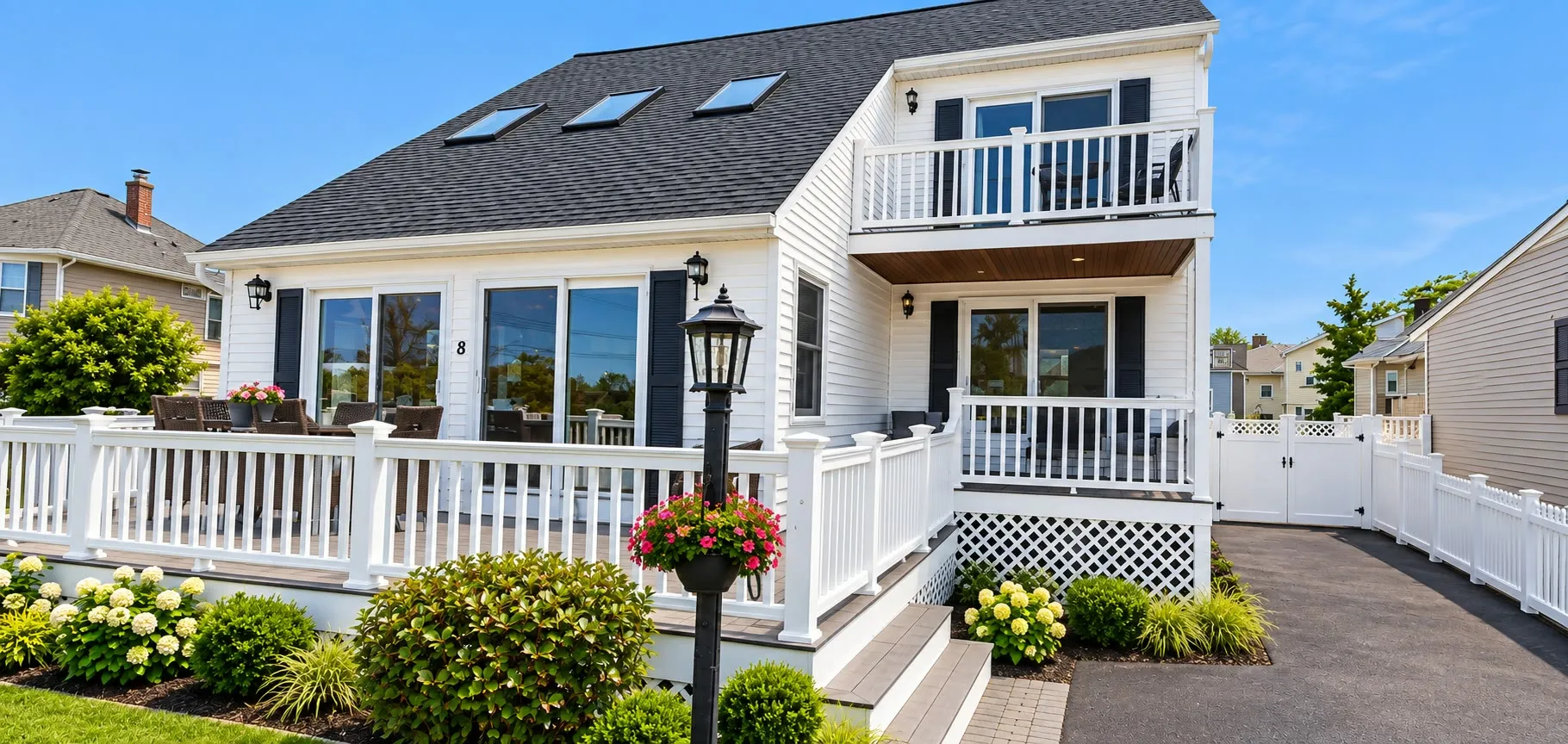 Rear of a cream cape with skylights, an upper balcony, sliding doors, a white-railed deck with lattice, a lamp post, and hydrangeas