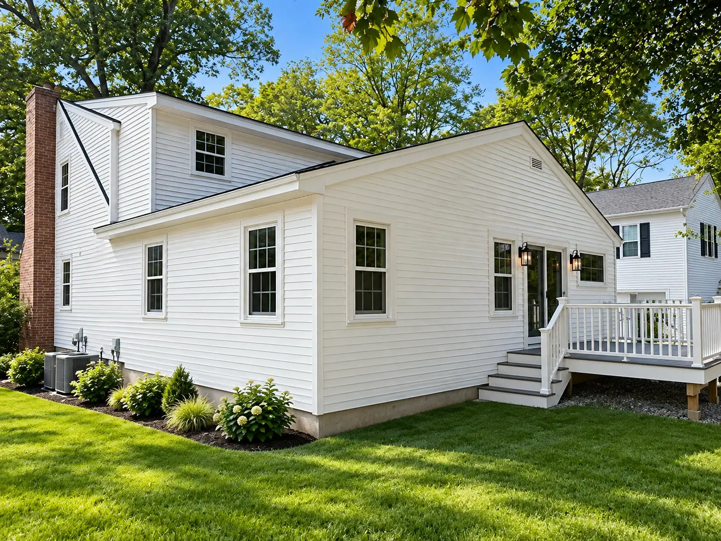White cape with a brick chimney and a single-story rear addition with French doors, lantern sconces, and a white deck with stairs.