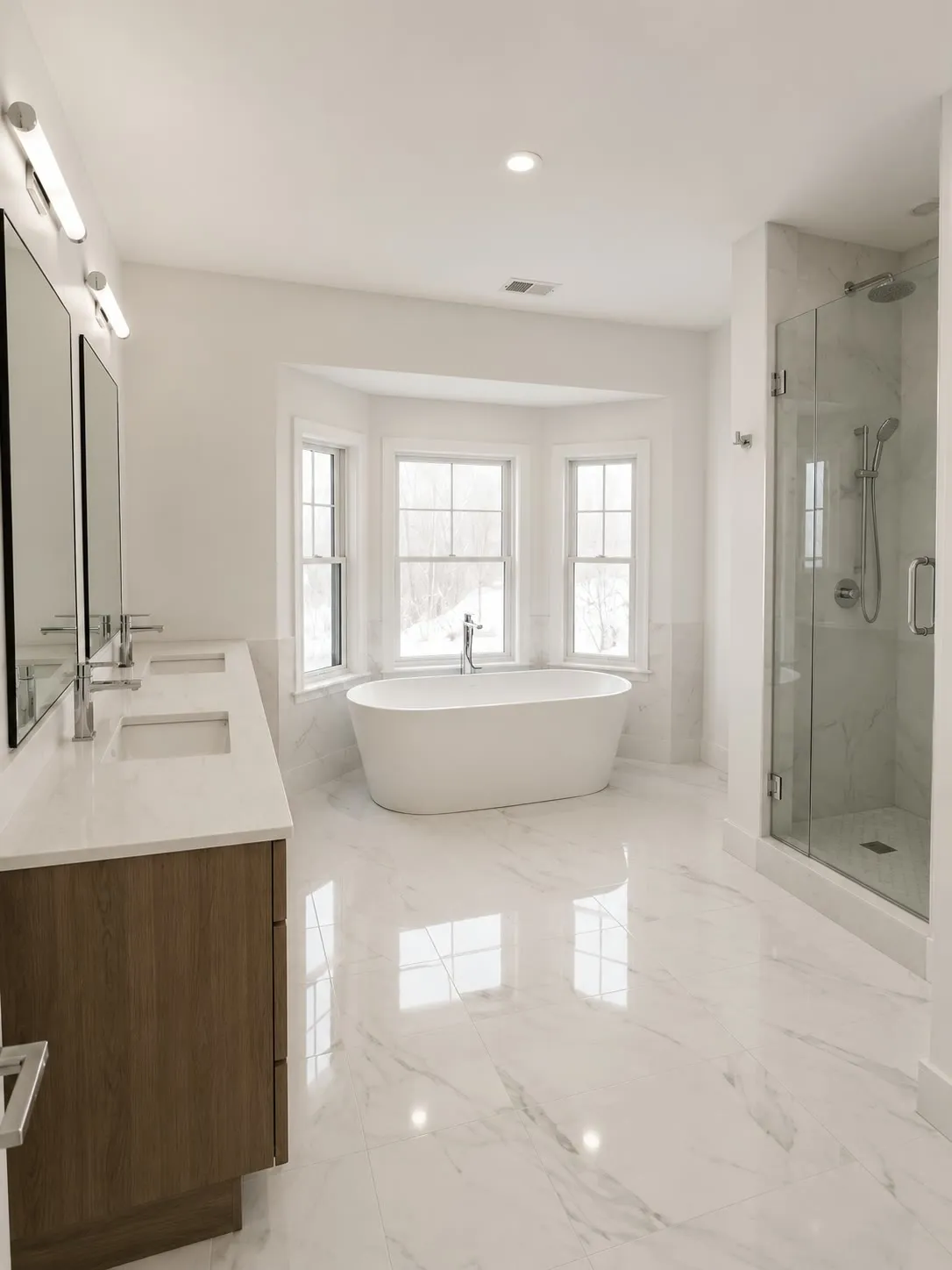 Tall view of a white bathroom with a freestanding tub in a bay window, marble-look porcelain floor, floating walnut vanity, and a glass shower
