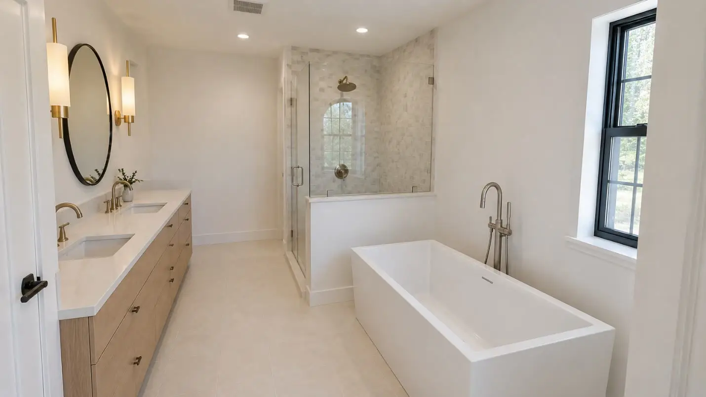 White bathroom with a round mirror and sconce over a walnut floating vanity, a glass shower with mosaic accent, a black-framed window, and a freestanding tub.
