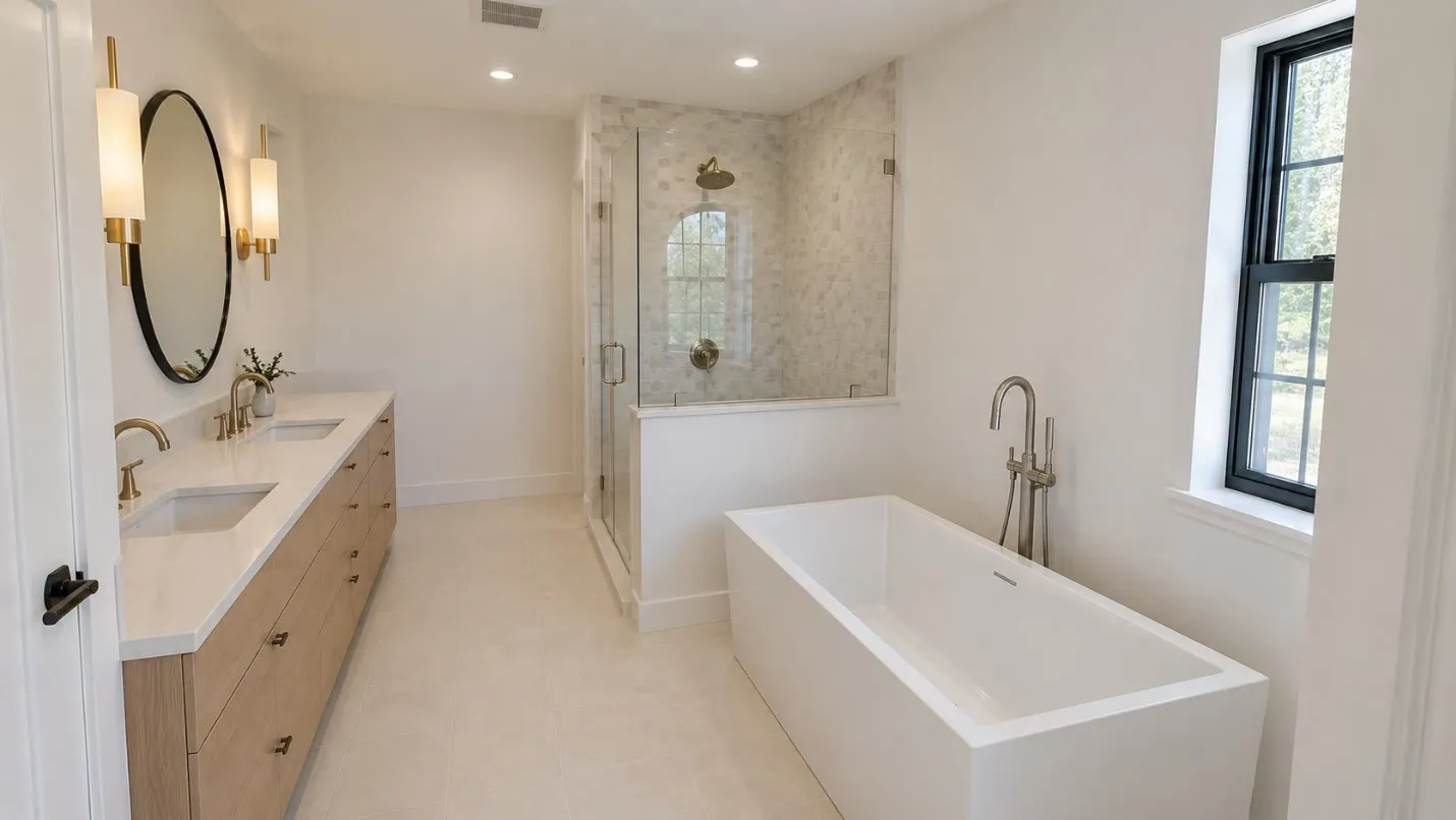 White bathroom with a round mirror and sconce over a walnut floating vanity, a glass shower with mosaic accent, a black-framed window, and a freestanding tub