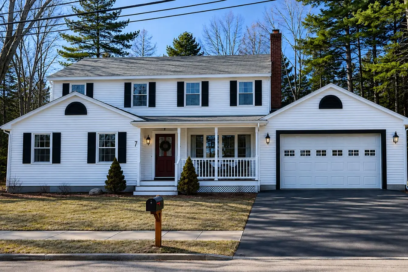 The same white home with a full second story, three windows across, and a brick chimney above the original porch and garage
