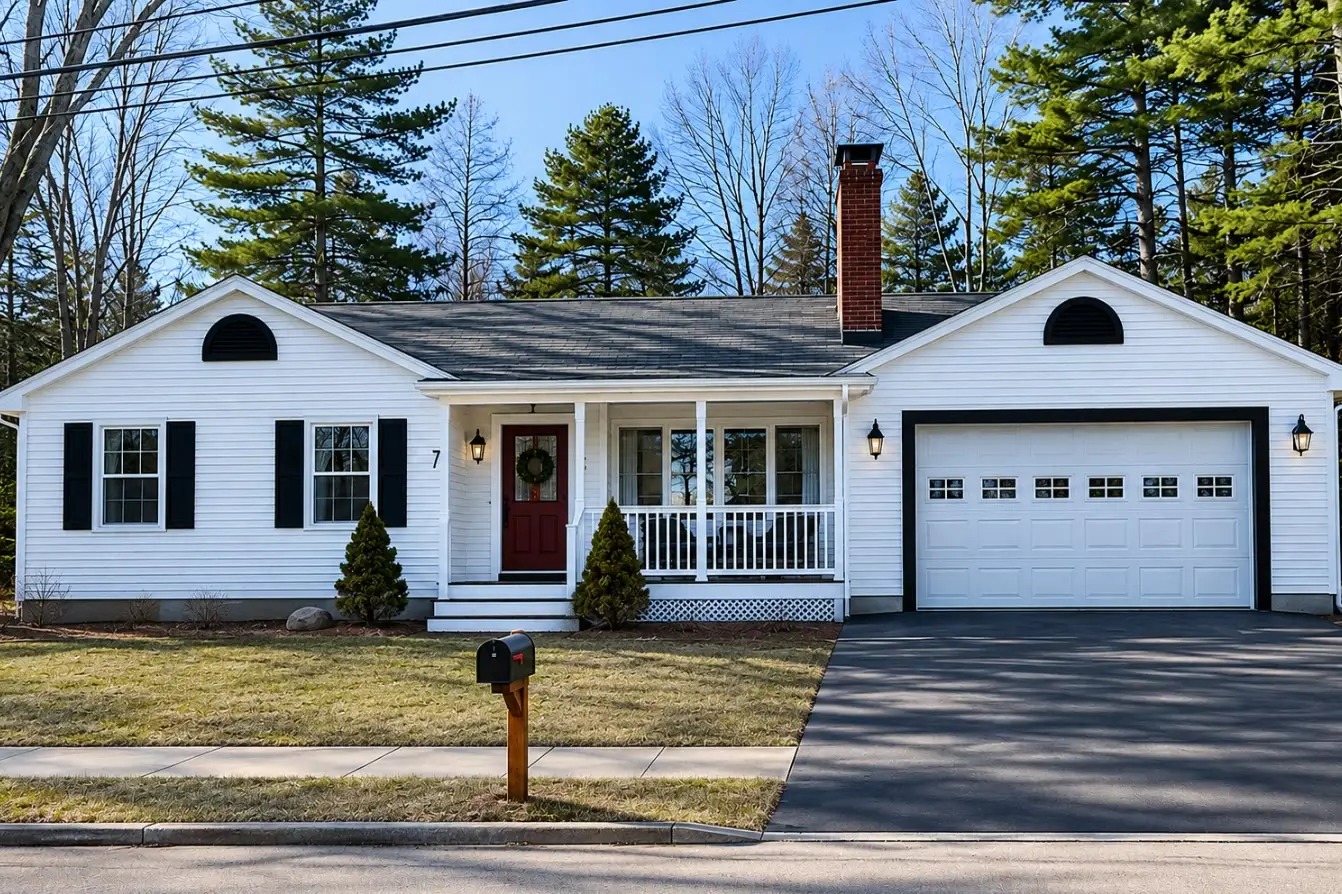 White single-story cape with black shutters, a red door, a farmer’s porch, and an attached garage with a half-round window
