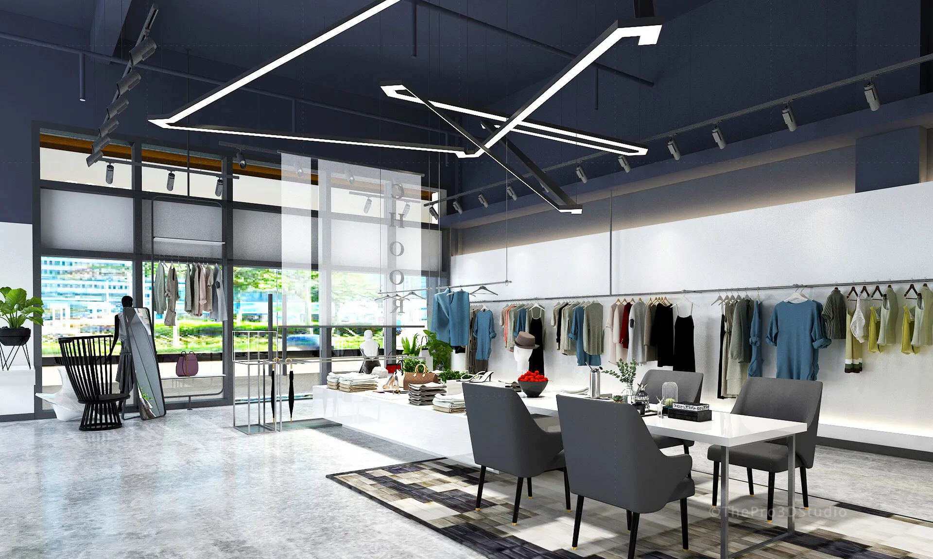Retail showroom build-out with track lighting, display racks, and a seating area