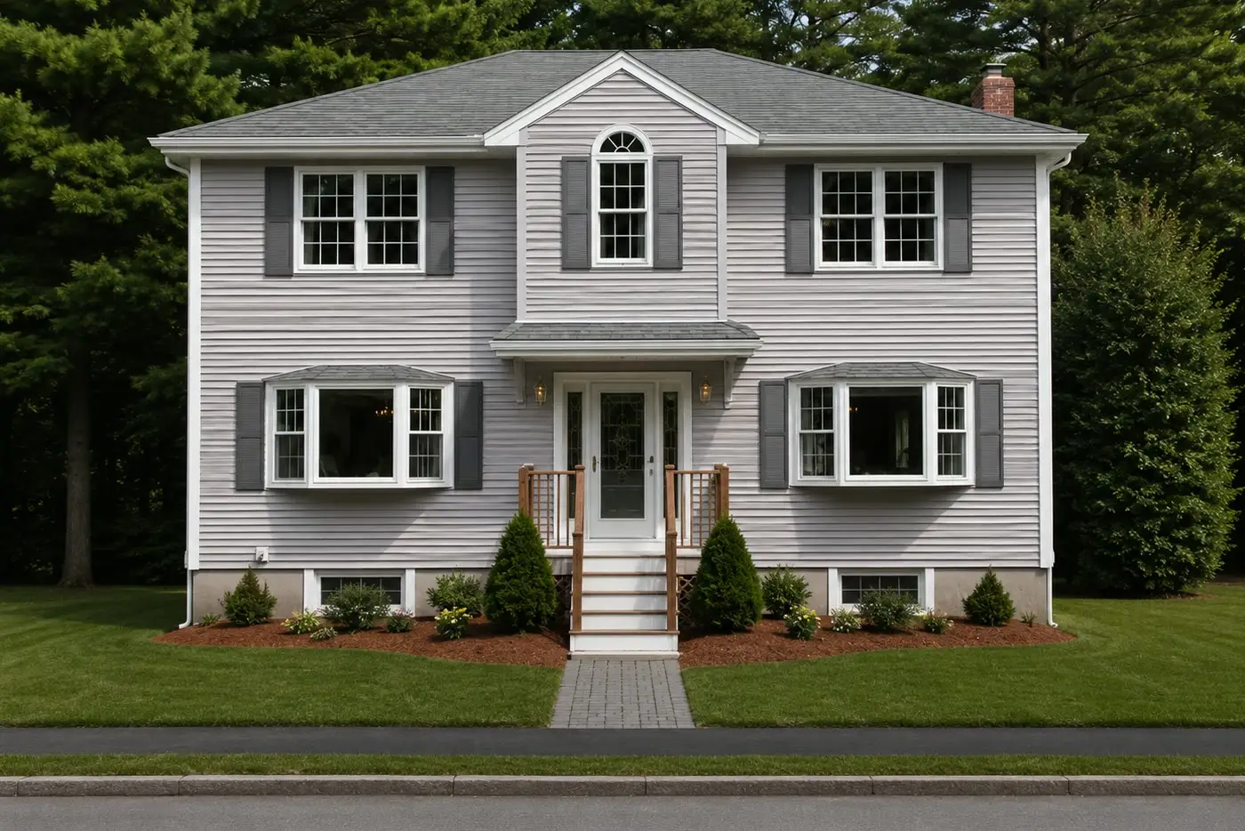 Gray two-story split-entry home with gray shutters, an arched window, and bay windows