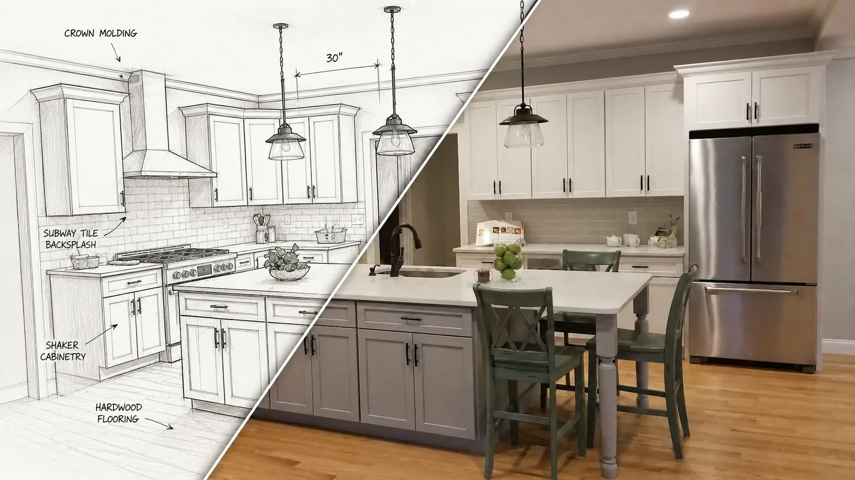 Split image blending a labeled line drawing of a kitchen design into the finished white shaker kitchen with a gray island and sage chairs