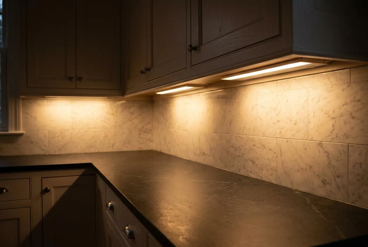 Under-cabinet LED task lighting over a soapstone countertop — lighting detail