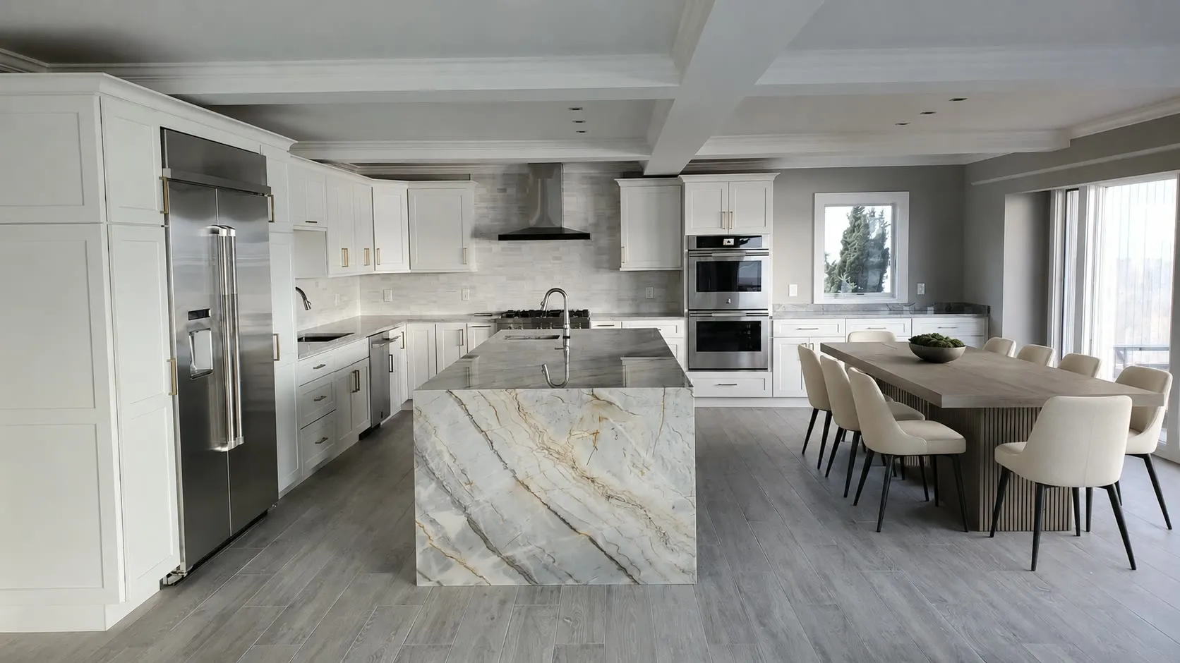 White kitchen with a stainless column refrigerator, a gold-veined quartzite waterfall island, gray wood-look tile floor, and a dining table with cream chairs under a coffered ceiling