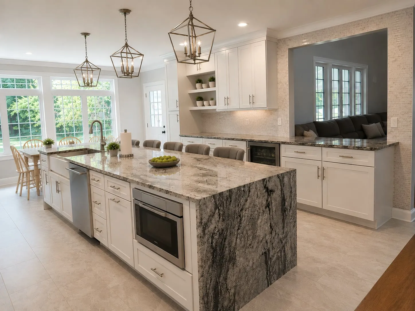 White shaker kitchen with a gray-veined quartzite waterfall island, three black lantern pendants, a farmhouse sink under a wall of windows, and stainless appliances, open to the family room