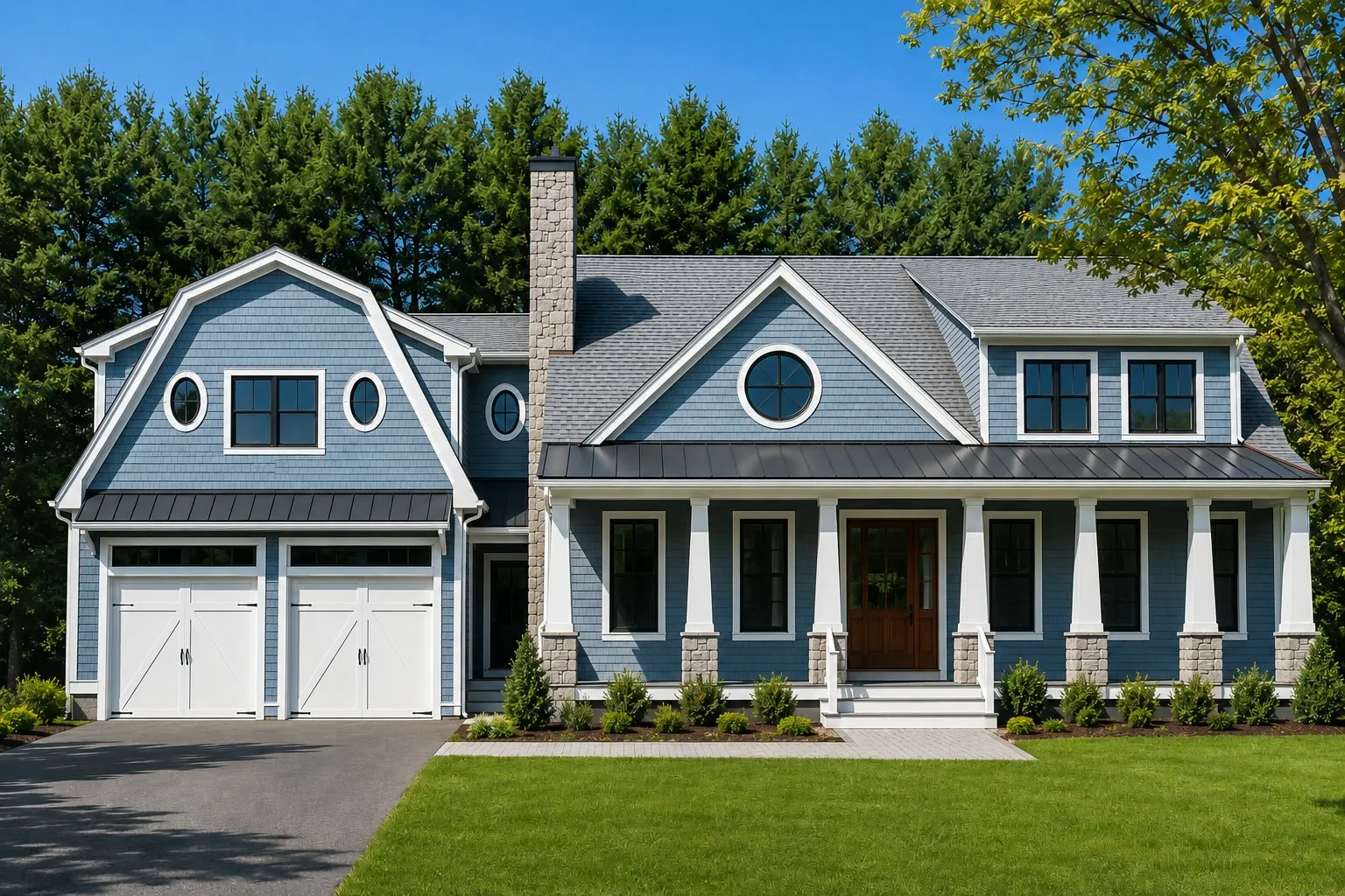 Blue-gray gambrel-roof home with round windows, a stone chimney, stone porch columns, white carriage garage doors, and a metal porch roof