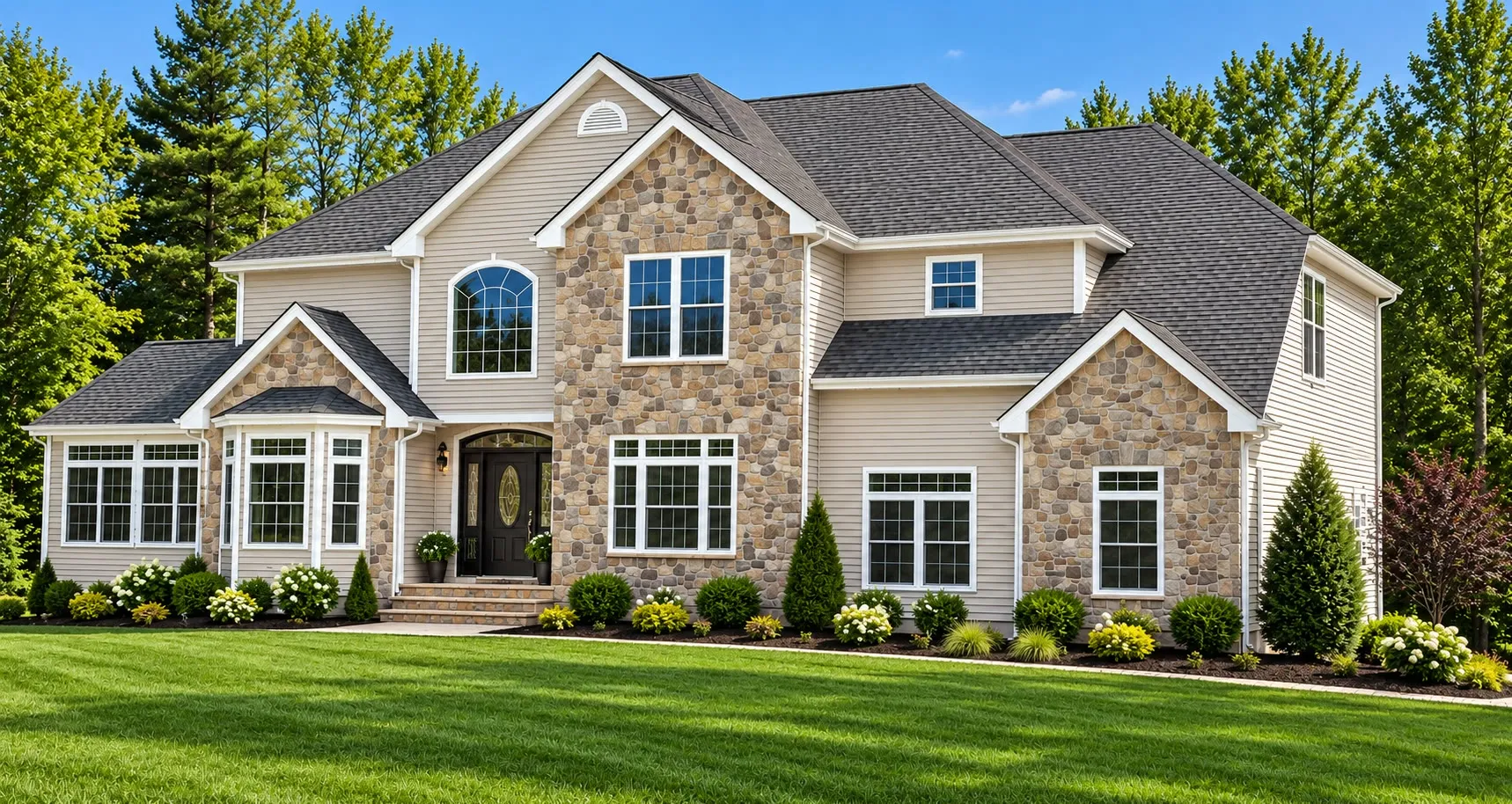 Large cream home with stone-veneer gables, arched windows, bay windows, and a three-car garage