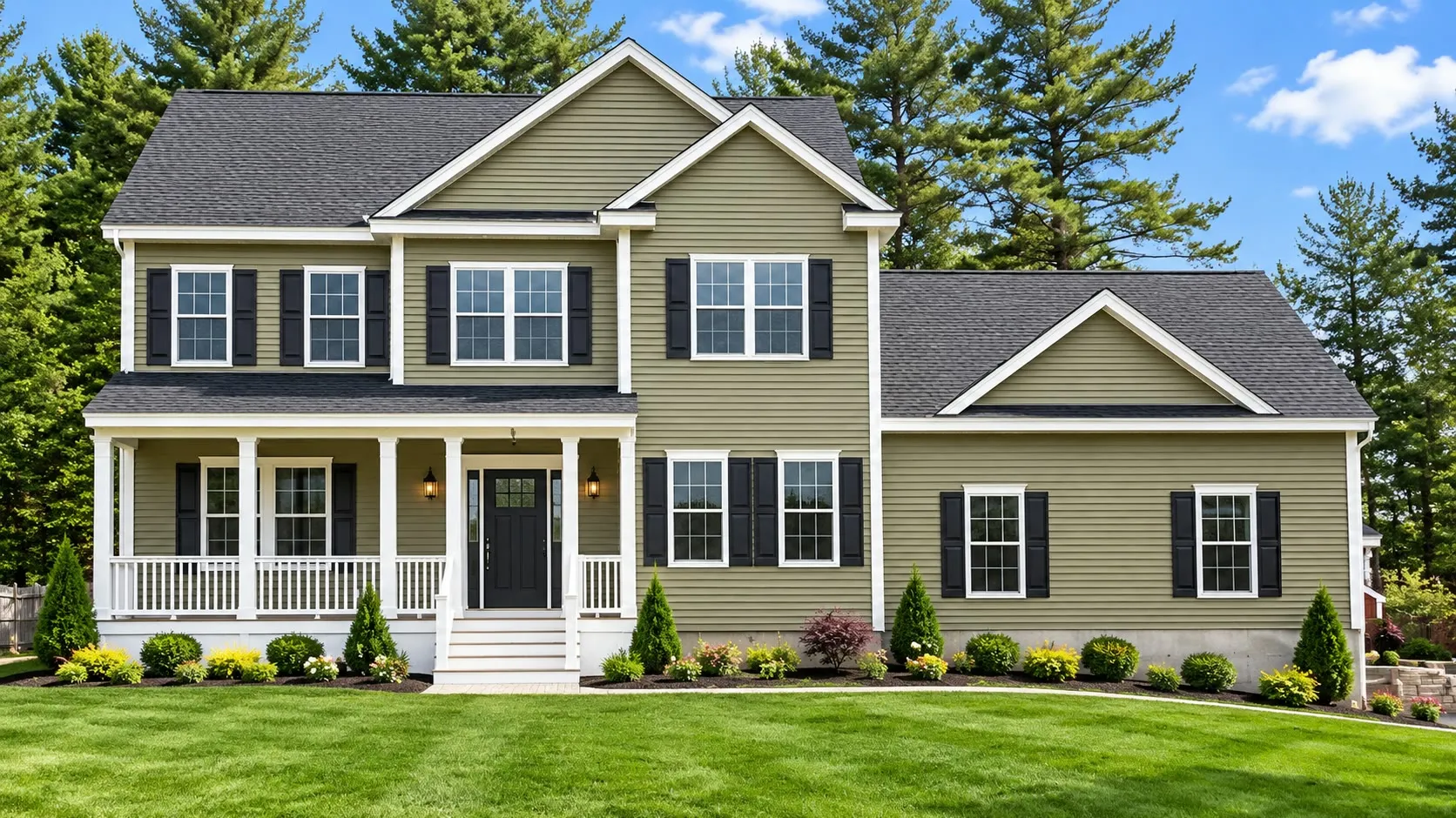 Sage-green colonial with a white farmer’s porch, black shutters, and an attached gabled side wing on a fresh lawn