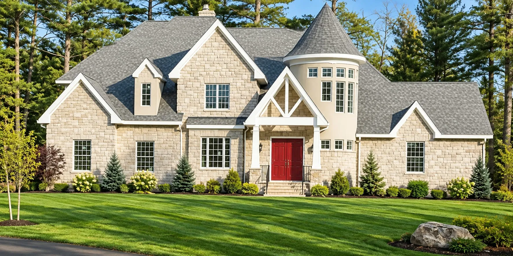 Stone French-country style home with a turret, multiple gables, a red front door, and a three-car garage