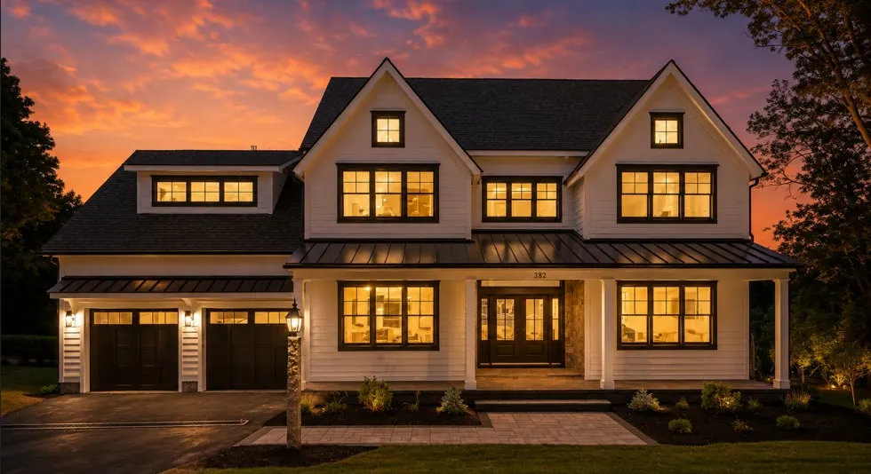 White modern farmhouse at dusk with lit windows, a black standing-seam porch roof, and a two-car garage