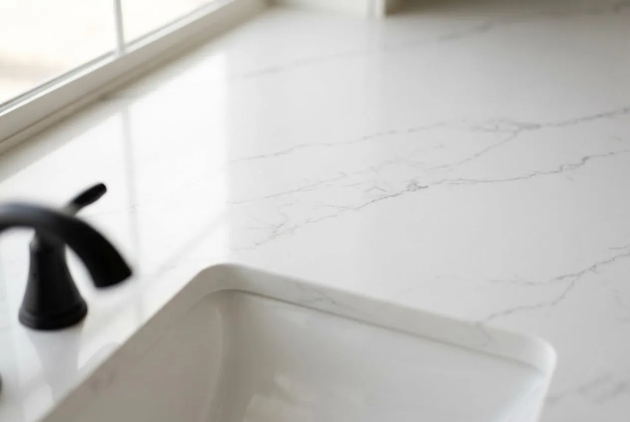 Close-up of a white quartz countertop slab with soft gray veining, one of the countertop materials to choose from