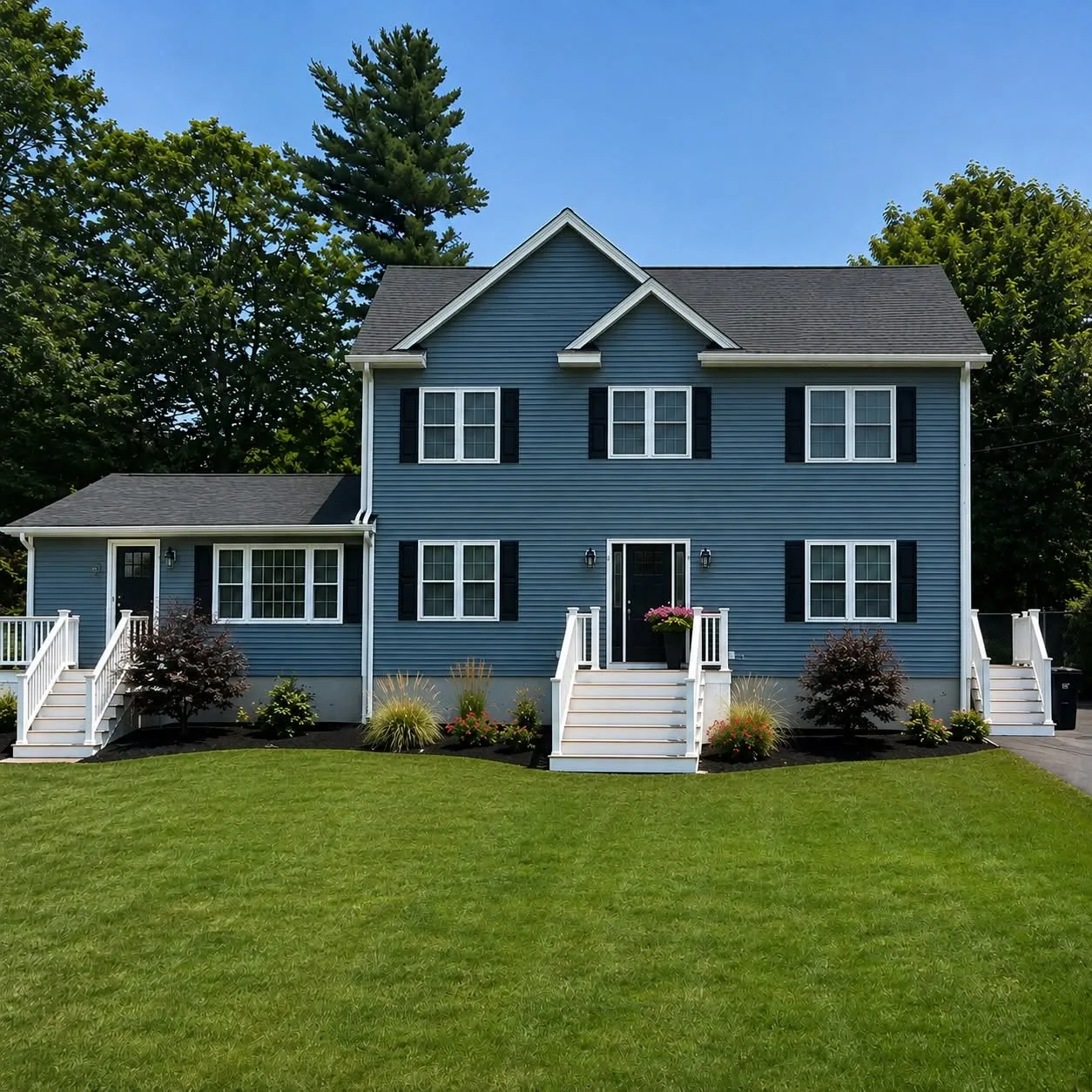 Blue-gray two-story home with a white railed porch, black shutters, and a single-story wing on the left, in a square crop
