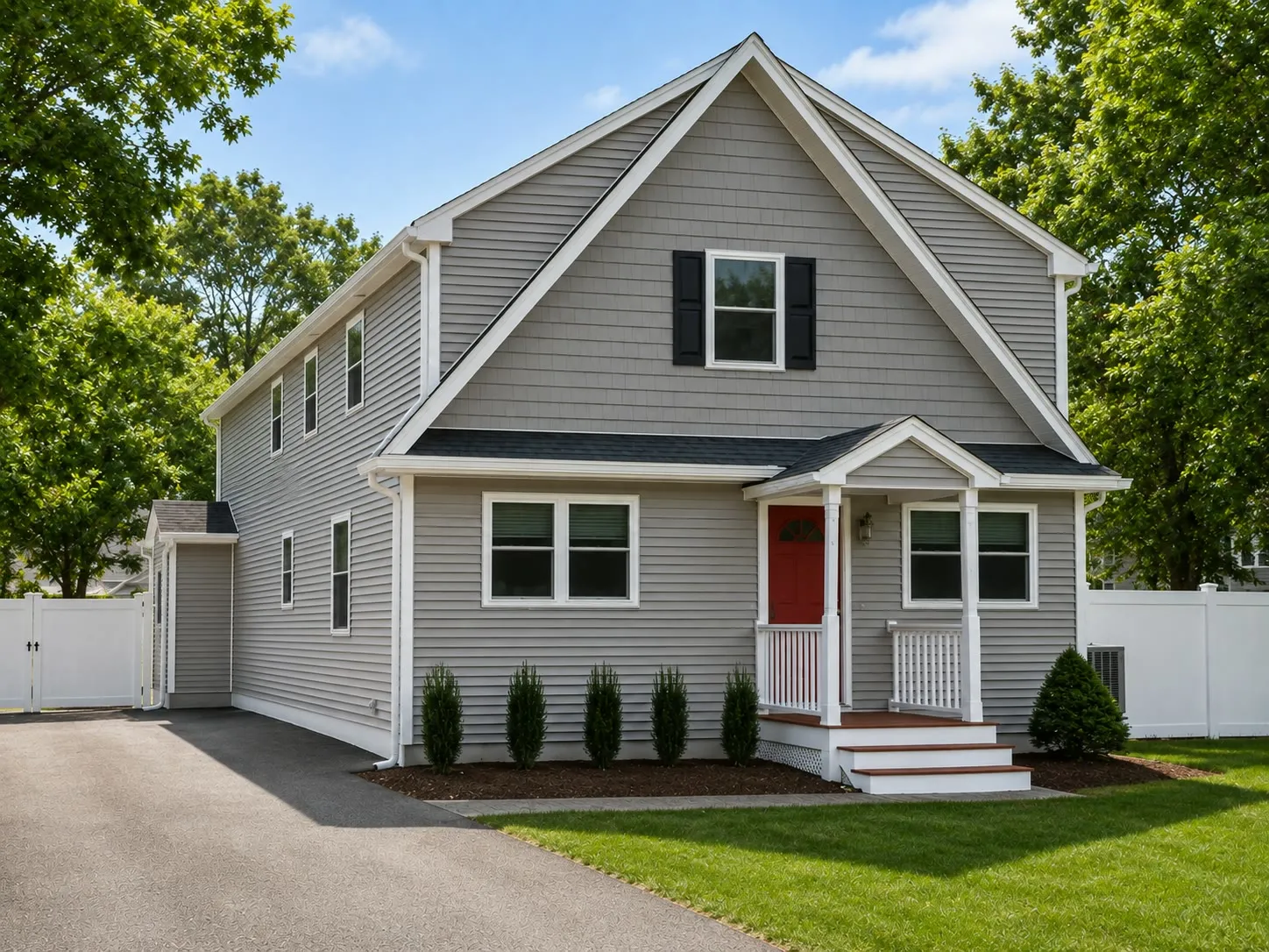 Gray two-story home with a steep front gable, black shutters, a red front door under a covered entry, new foundation plantings, and a paved driveway